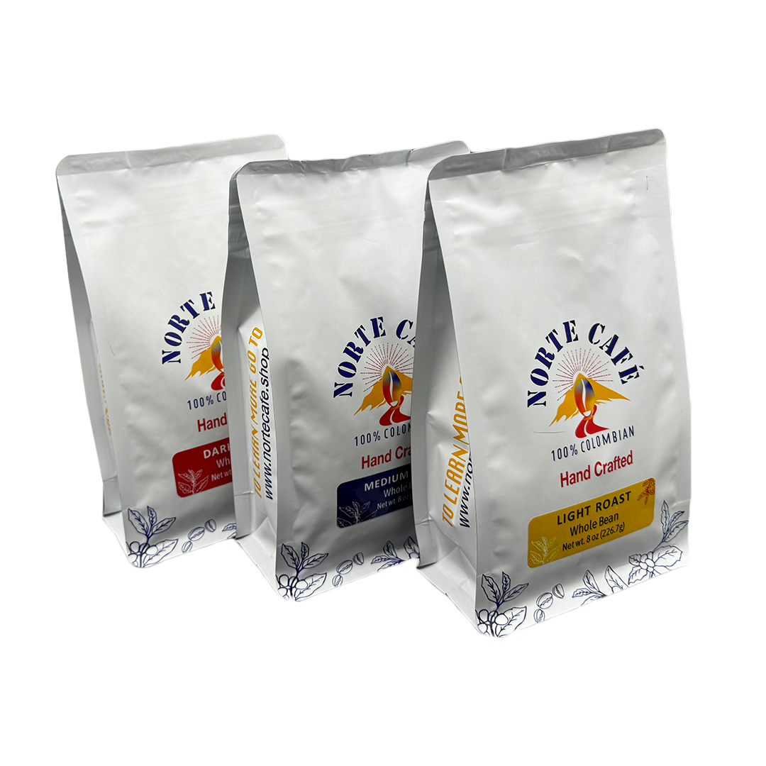 3 Variety Coffee Pack - Light Roast, Medium Roast and Dark Roast (8 ozs per pack) Single Origin, Fair Trade and Locally Roasted - Norte Café