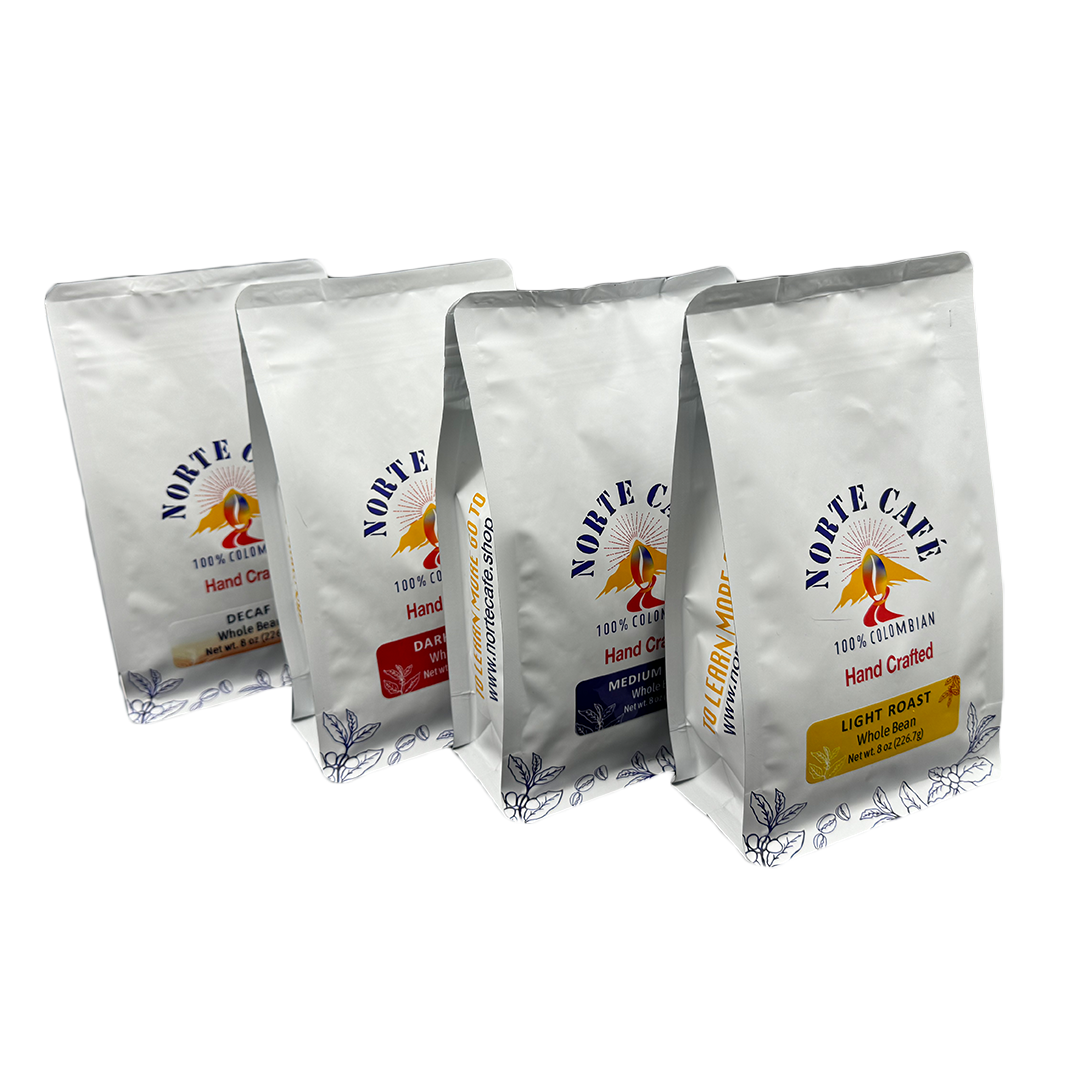 4 Variety Coffee Pack - Light Roast, Medium Roast, Dark Roast and Decaf (8 ozs per pack) Single Origin, Fair Trade and Locally Roasted - Norte Café