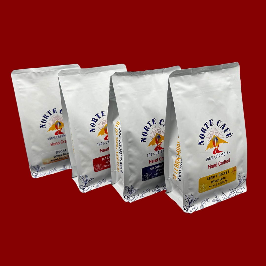 4 Variety Coffee Pack - Light Roast, Medium Roast, Dark Roast and Decaf (8 ozs per pack) Single Origin, Fair Trade and Locally Roasted - Norte Café